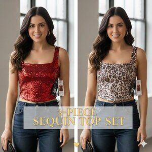 NWT Set of 2 Leopard and Red SequinGlam Y2K Crop Top Tank Size M